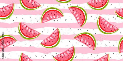 The watermelon slices are depicted in a cartoon style with bright red flesh, green rind, and black seeds. The background is a simple yet effective design of alternating pink and white stripes.