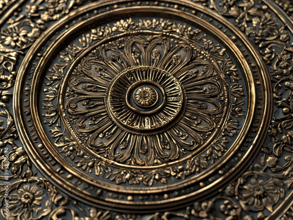 Ornate golden design featuring intricate floral and circular patterns, radiating elegance and timeless artistry. Texture and depth visible Ornate golden design featuring intricate floral and circular patterns, radiating elegance and timeless artistry. Texture and depth visible