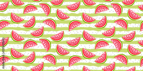 The watermelon slices are depicted in a cartoon style with a bright pink flesh, green rind, and black seeds.