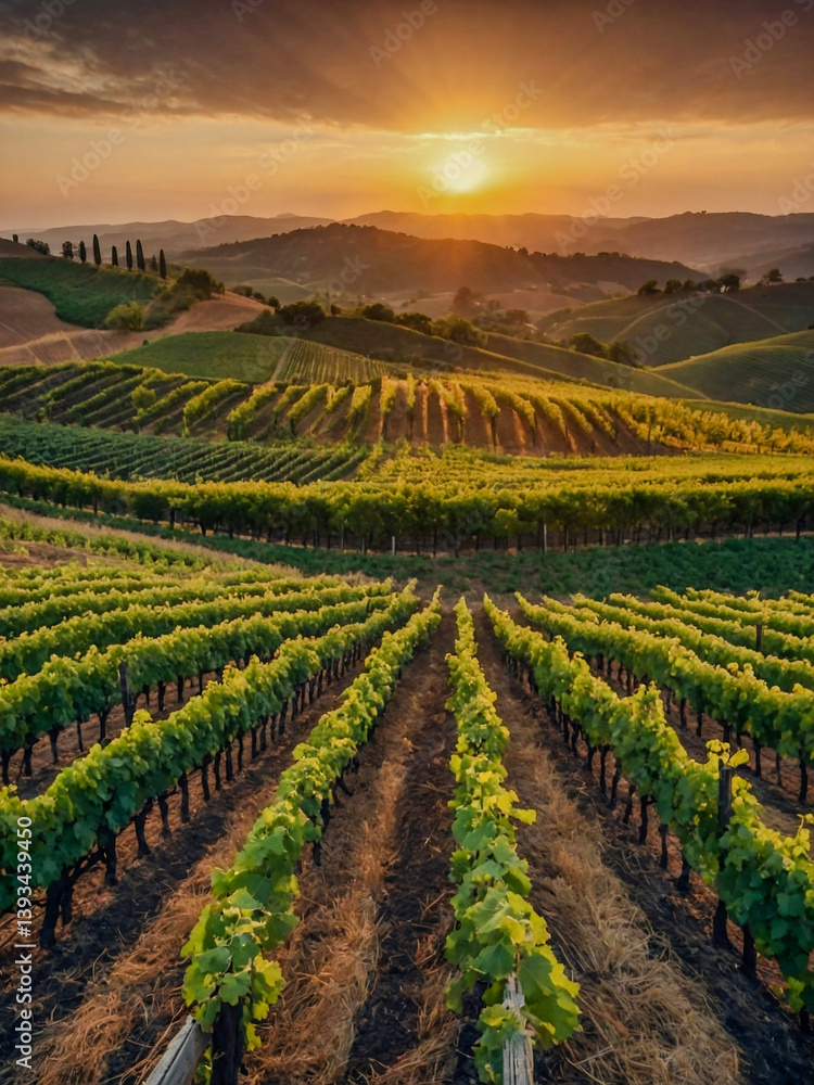 Naklejka premium Golden sunrise over serene vineyard landscape in rolling hills.