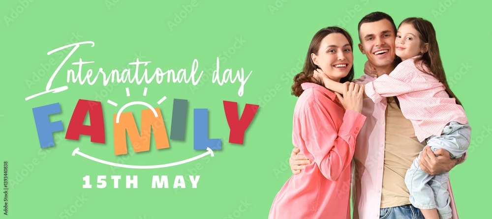 Banner for International Family Day with happy little girl and her parents Banner for International Family Day with happy little girl and her parents