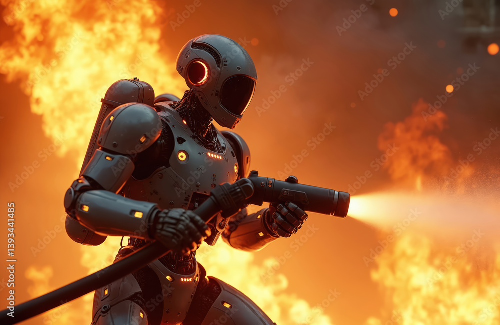 Futuristic robot firefighter extinguishes fire. Emergency response, flames, smoke, innovation. Robotic hero saves lives in danger. Advanced tech, safety, automation. AI in action, modern sci-fi. Fire Futuristic robot firefighter extinguishes fire. Emergency response, flames, smoke, innovation. Robotic hero saves lives in danger. Advanced tech, safety, automation. AI in action, modern sci-fi. Fire