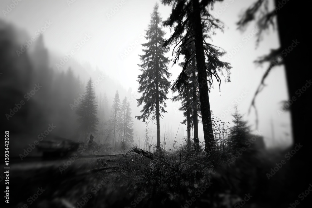Obraz premium A monochrome forest scene in deep fog, with tall trees shrouded in a misty atmosphere, creating an eerie and mysterious natural landscape, with dark tones and shadows.