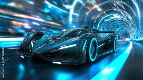 Futuristic race car speeding through a neon-lit tunnel.
