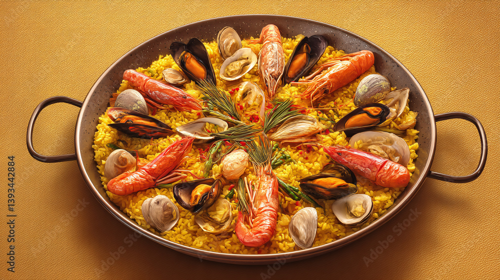 Authentic Valencian paella features rice flavored with saffron and cooked with various seafood. Authentic Valencian paella features rice flavored with saffron and cooked with various seafood.