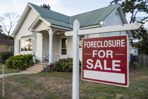 White house for sale with foreclosure sign in front yard.