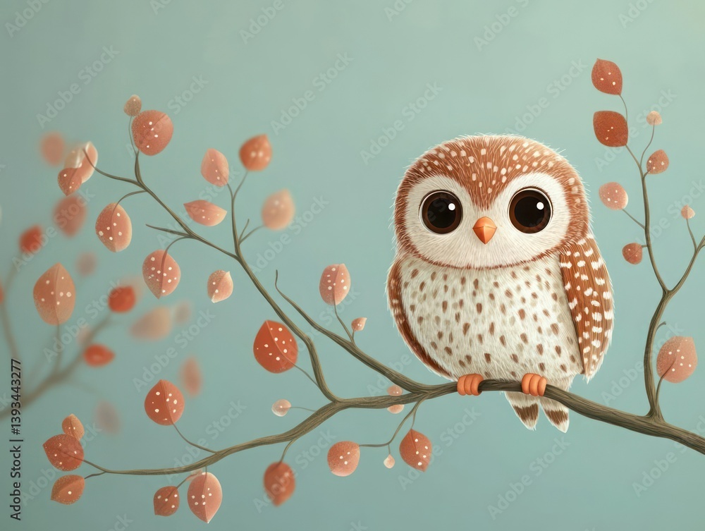 Fototapeta premium Cute owl perched on branch, surrounded by autumn leaves