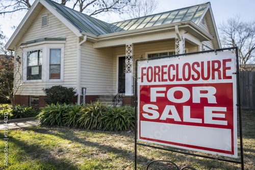 Foreclosed home with 'For Sale' sign.