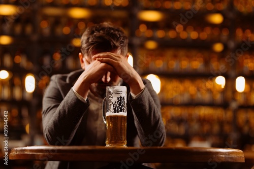 A man in despair sits at a bar with a glass of beer on the table