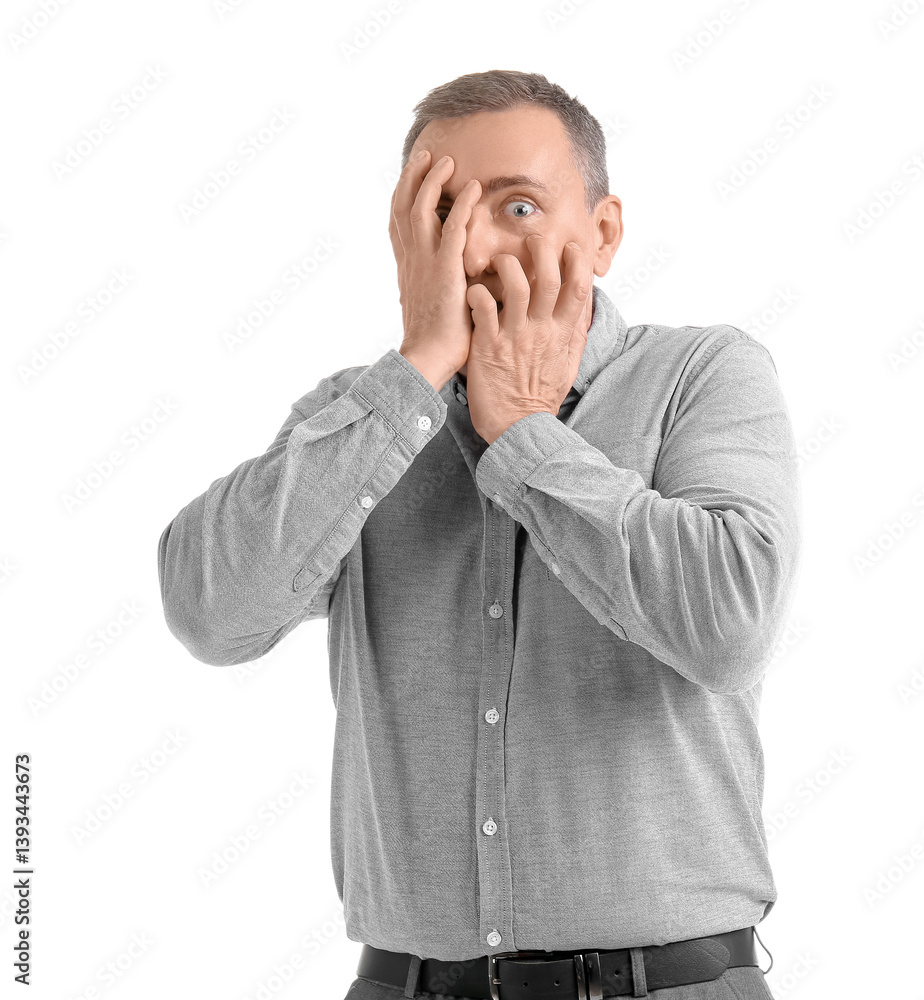 Scared mature man on white background Scared mature man on white background