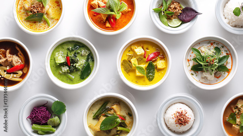 Wallpaper Mural Brightly colored Thai curries are pictured in white bowls, representing Southeast Asian food, against a white backdrop.   Torontodigital.ca
