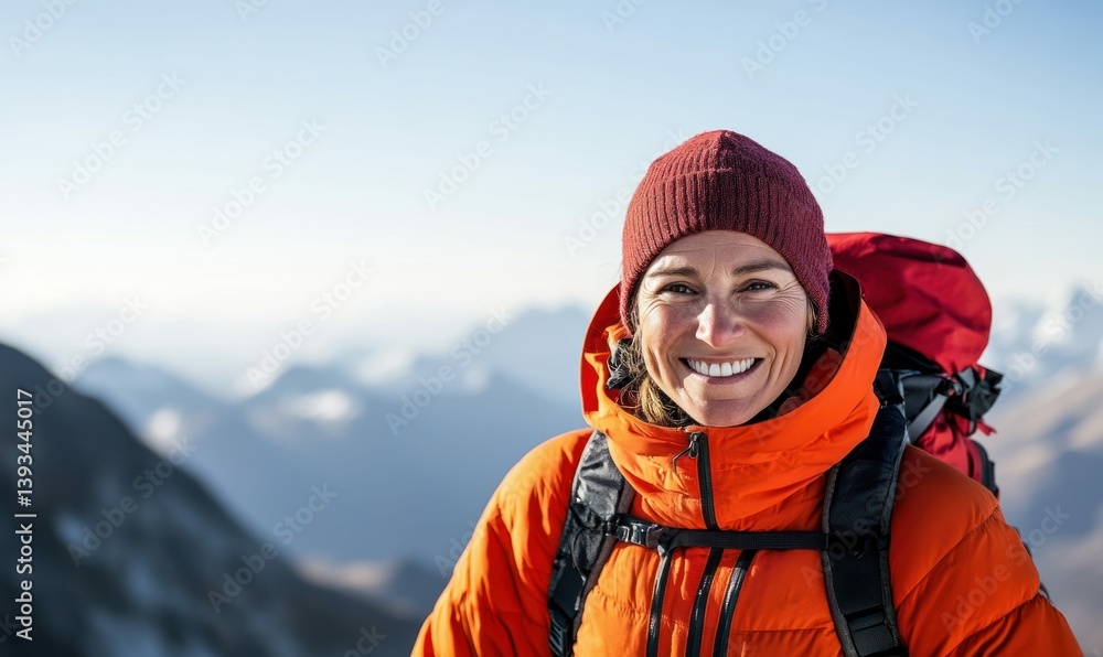 Smiling woman with a red beanie and backpack enjoys a beautiful day in the mountains. Smiling woman with a red beanie and backpack enjoys a beautiful day in the mountains.
