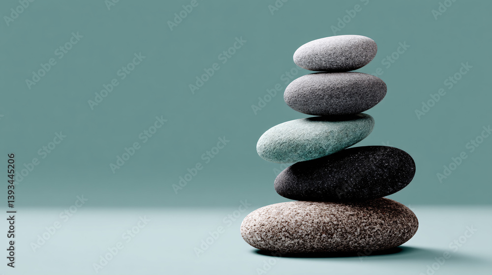 Carefully arranged, polished river rocks create a stable, meditative stone stack, embodying the principles of zen.  