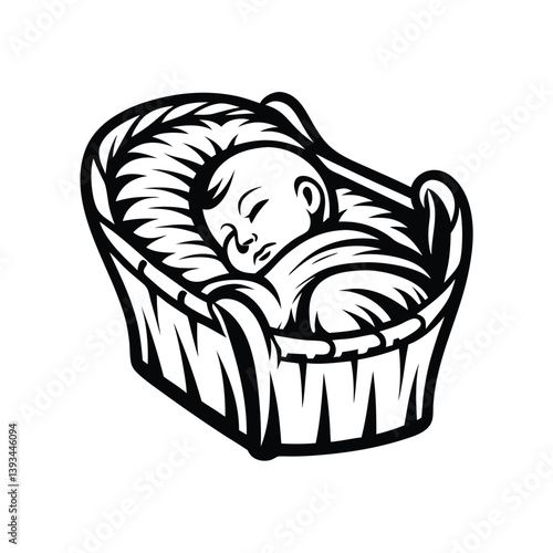 Monochrome Infant Sleeping Peacefully in Woven Bassinet, Peaceful Rest