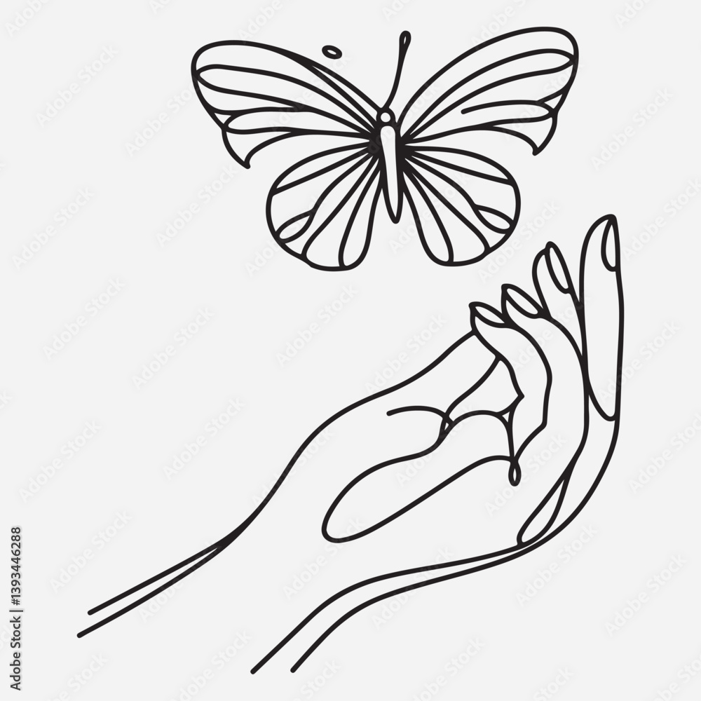 One continuous line drawing of hand holding butterfly One continuous line drawing of hand holding butterfly
