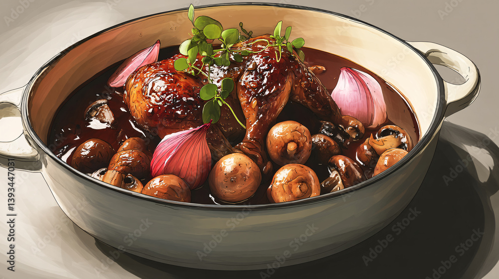 Classic French coq au vinchicken braised in red wineserved with small onions and mushrooms. Classic French coq au vinchicken braised in red wineserved with small onions and mushrooms.