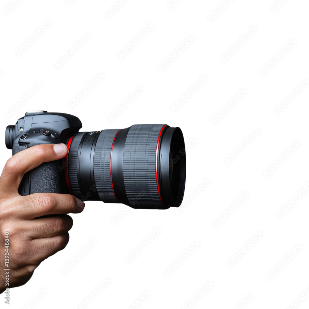 Photographer holding a DSLR camera ready to take a photo on a transparent background