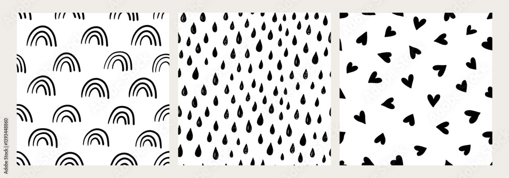 Hand drawn seamless pattern set. Black and white rain, rainbow, and heart designs. Cute and modern minimalist collection for fabric, wallpaper, wrapping paper, kids decor, and creative projects.