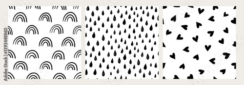 Obraz na płótnie Hand drawn seamless pattern set. Black and white rain, rainbow, and heart designs. Cute and modern minimalist collection for fabric, wallpaper, wrapping paper, kids decor, and creative projects. w salonie