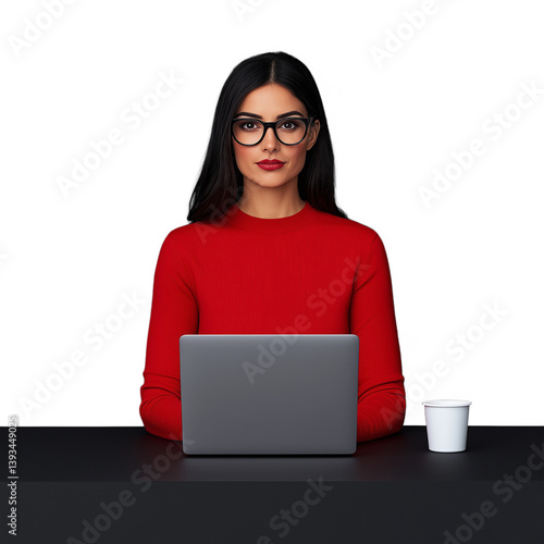 Woman in a red sweater working on a laptop in front of a transparent background