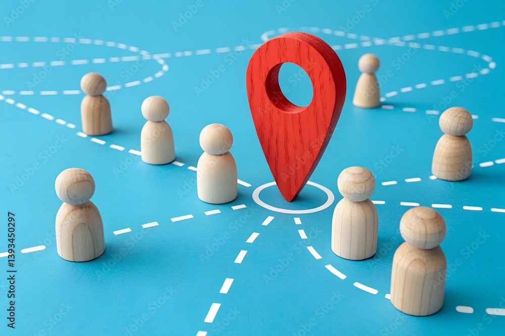 Obraz premium Location Connections: A network of miniature figures converging towards a prominent location marker, representing collaboration and global connections.