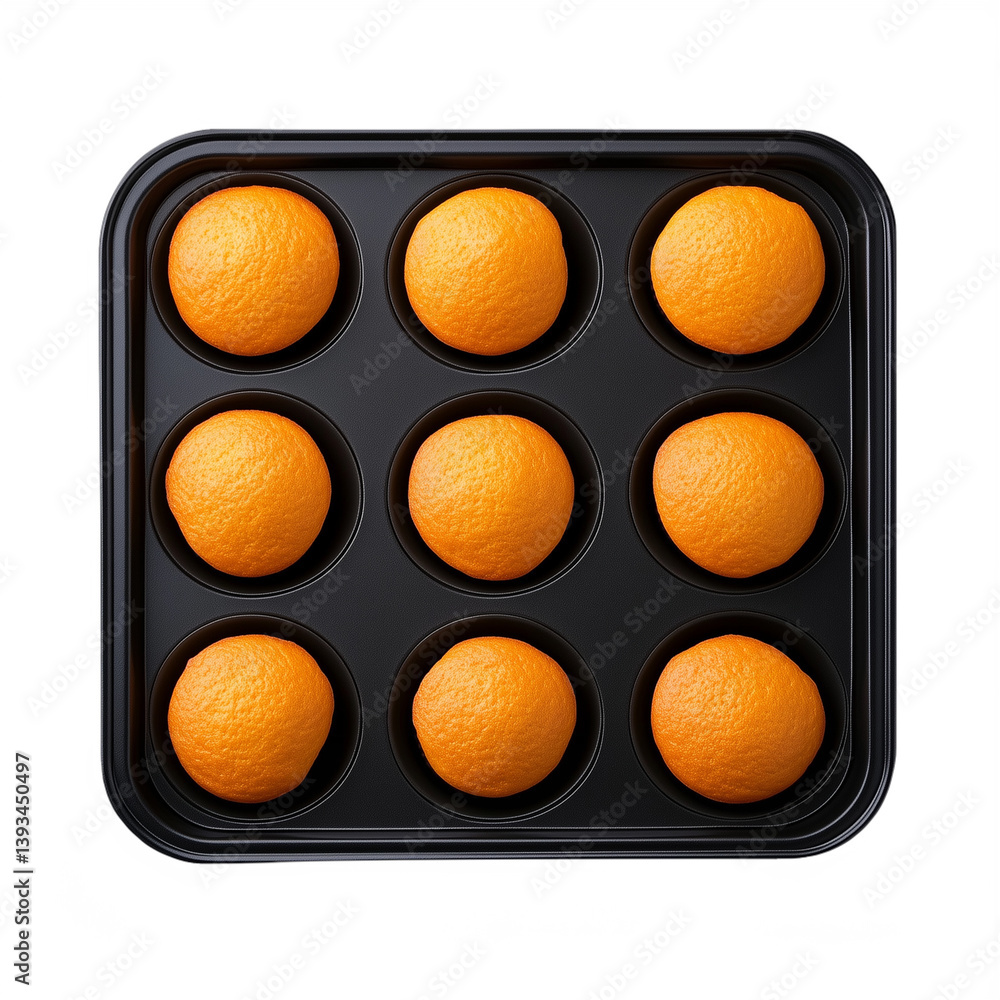 Black muffin tray with eight golden baked muffins on a transparent background