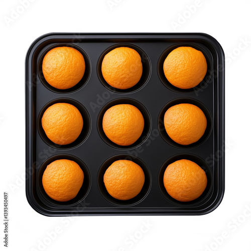 Obraz na płótnie Black muffin tray with eight golden baked muffins on a transparent background w salonie