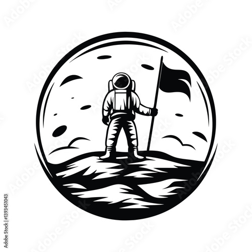 Astronaut Standing on Moon with Flag, Monochrome Lunar Landscape and Craters Art