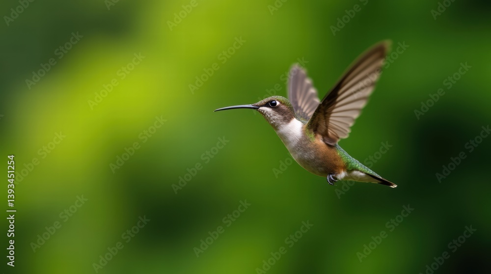 Naklejka premium Graceful hummingbird in mid-flight against blurred green backdrop