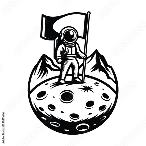 Black and White Astronaut Standing on Moon with Flag, Silhouette Style, Lunar Surface