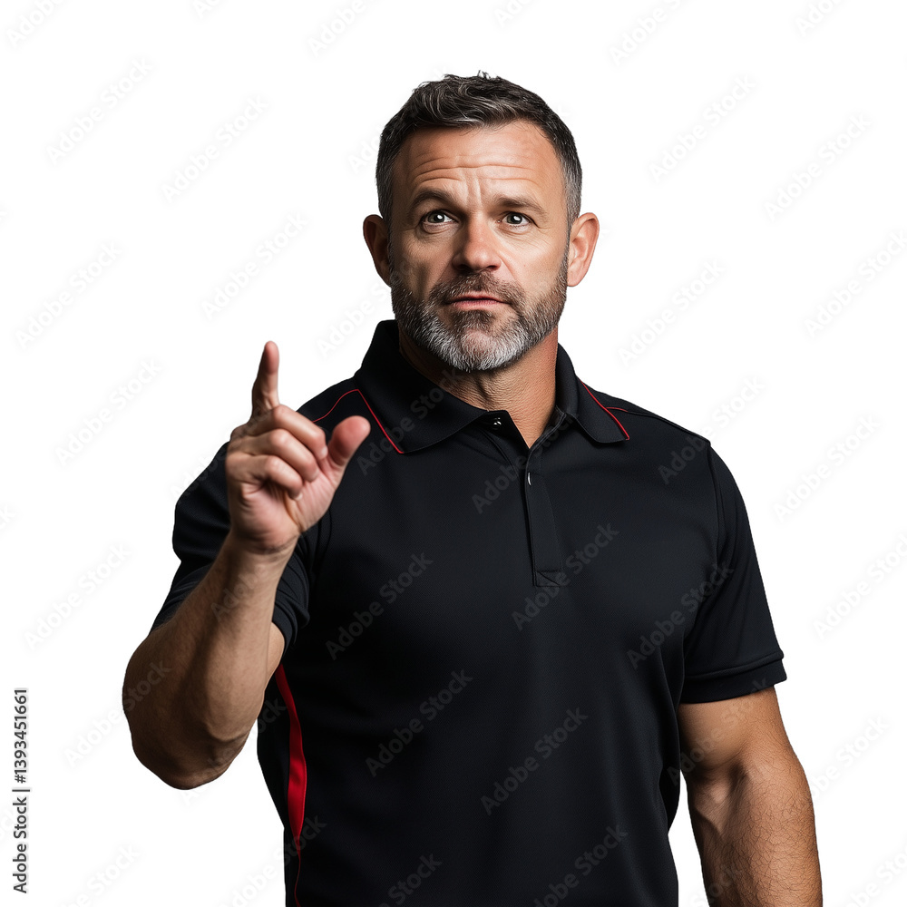 Man in a black polo shirt pointing upward with a serious expression on a transparent background