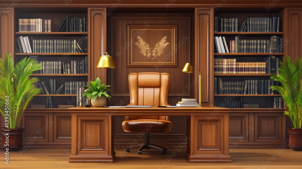 © sablengjago - Luxurious wooden office interior with leather chair, bookshelves, and plants. © sablengjago - Luxurious wooden office interior with leather chair, bookshelves, and plants.