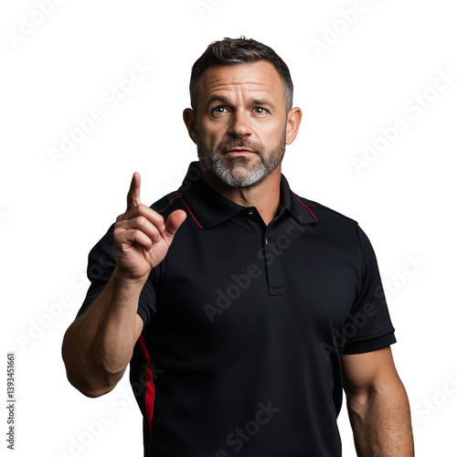 Obraz na płótnie Man in a black polo shirt pointing upward with a serious expression on a transparent background w salonie