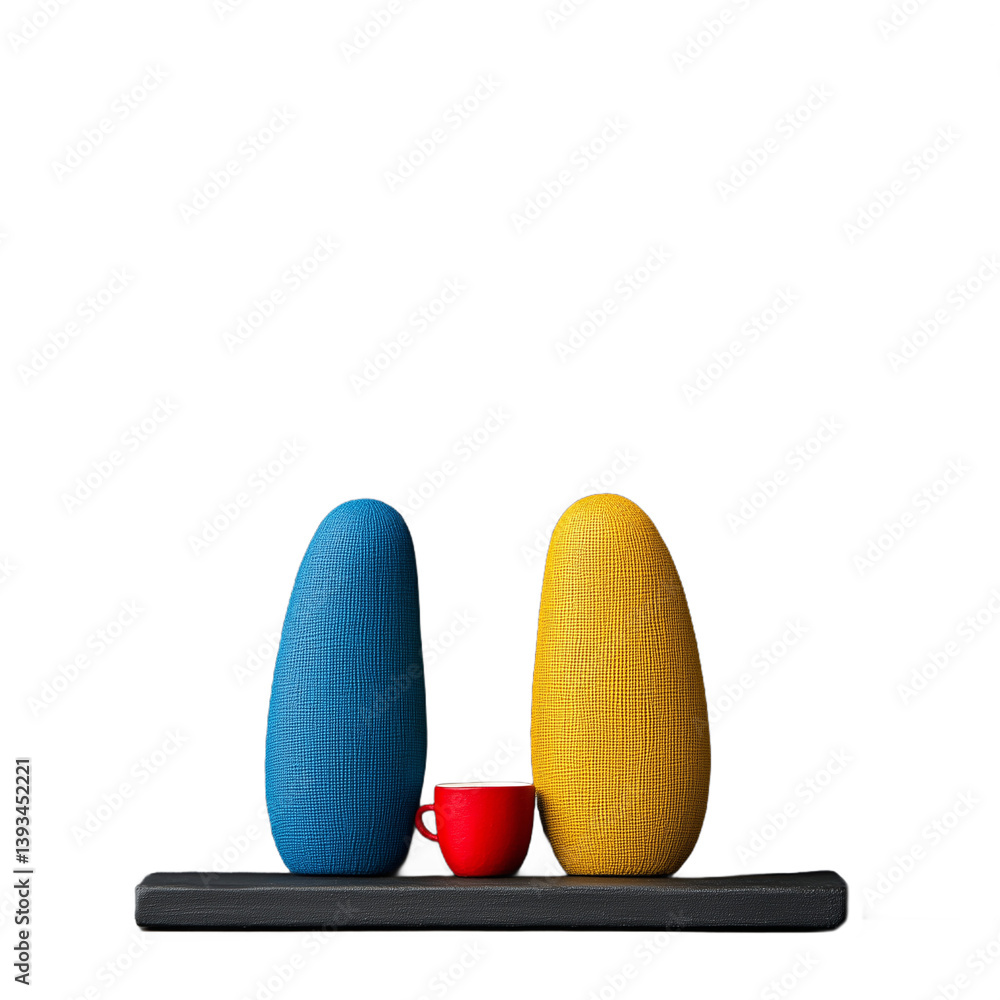 Two colorful sculptures with a red mug placed on a platform on a transparent background