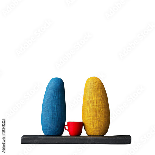 Obraz na płótnie Two colorful sculptures with a red mug placed on a platform on a transparent background w salonie