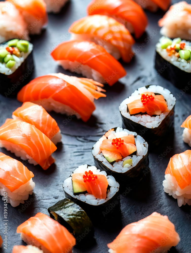 Fresh sushi spread featuring colorful rolls and sashimi on a dark table Generative AI Fresh sushi spread featuring colorful rolls and sashimi on a dark table Generative AI
