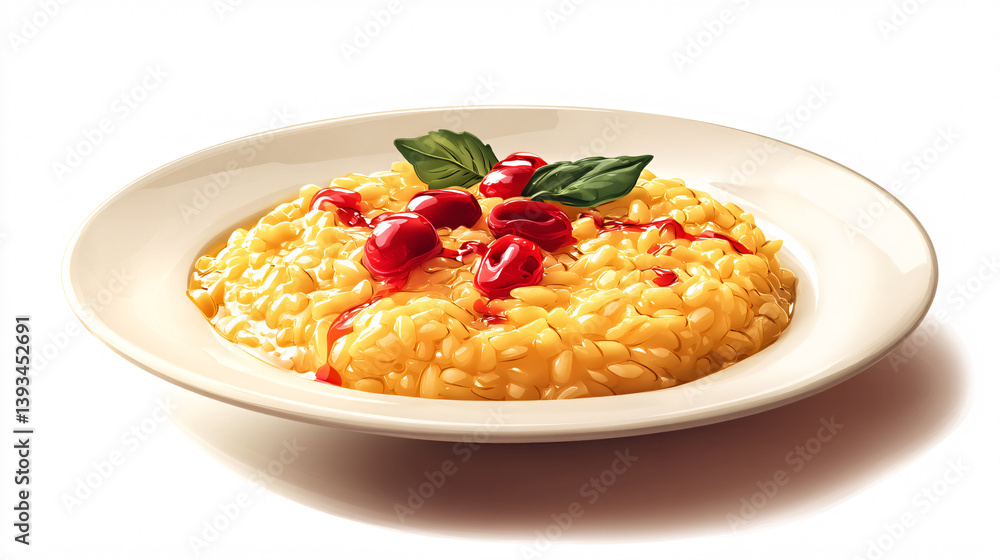 Creamy, traditionally prepared Italian risotto, presented against a white backdrop, showcasing European culinary style.  