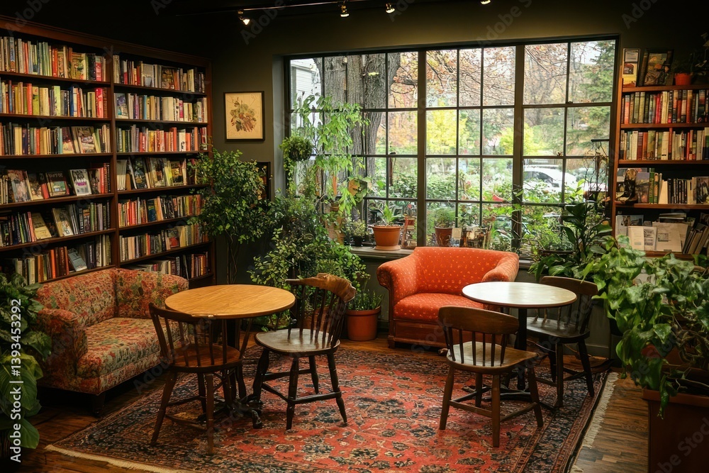 Naklejka premium Cozy bookstore interior with comfortable seating areas, bookshelves, and plants