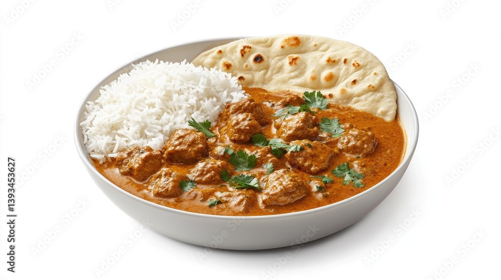 A bowl of Guruma curry with a rich, golden sauce and tender pieces of meat, garnished with fresh herbs, alongside a serving of rice and naan, all against a white backdrop. A bowl of Guruma curry with a rich, golden sauce and tender pieces of meat, garnished with fresh herbs, alongside a serving of rice and naan, all against a white backdrop.