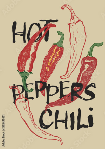 Vector vegetable poster of jalapeno and chili peppers. Hand-drawn garden harvest sketch. Tasty food illustration for restaurant and cafe interior, veggie market drawing print, fabric or background.
