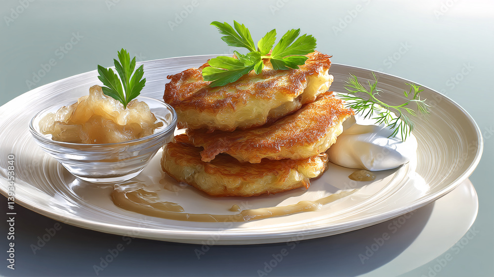 Crispy, fried potato pancakes served with applesauce and sour cream. Crispy, fried potato pancakes served with applesauce and sour cream.