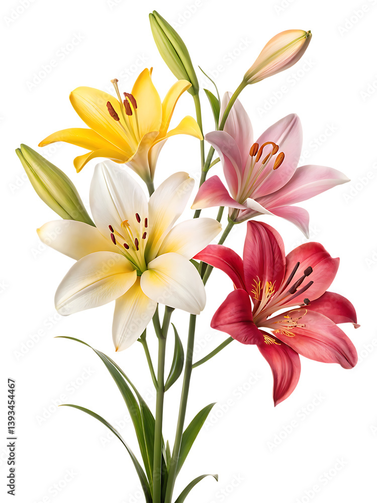 Colorful lily flowers bouquet isolated on transparent background Colorful lily flowers bouquet isolated on transparent background