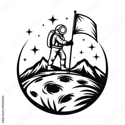 Lunar Explorer Astronaut Planting Flag on Moon Surface, Monochrome Space Scene, Stars