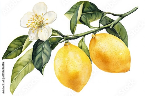 Watercolor botanical illustration of two ripe lemons hanging from a branch with green leaves and a blooming white flower on a white background.