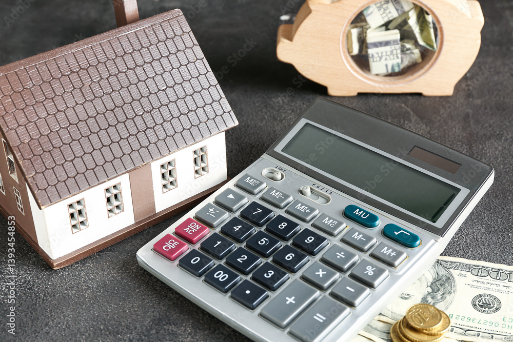 House model, calculator and money on black background House model, calculator and money on black background
