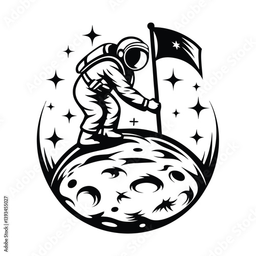 Astronaut planting flag on Moon with Stars & Craters, Exploring Space, Silhouette