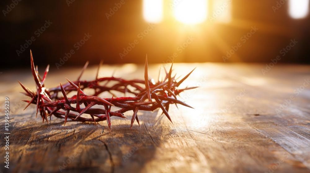 Fototapeta premium Moody Good Friday Still Life with Crown of Thorns and Rustic Background