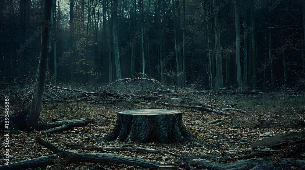 Tree stump in a dark forest with fallen leaves and tall trees. Tree stump in a dark forest with fallen leaves and tall trees.