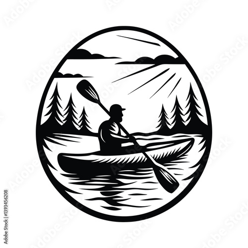 Kayaker Silhouette on Lake with Paddles, Sun, and Trees in Circle Border Design