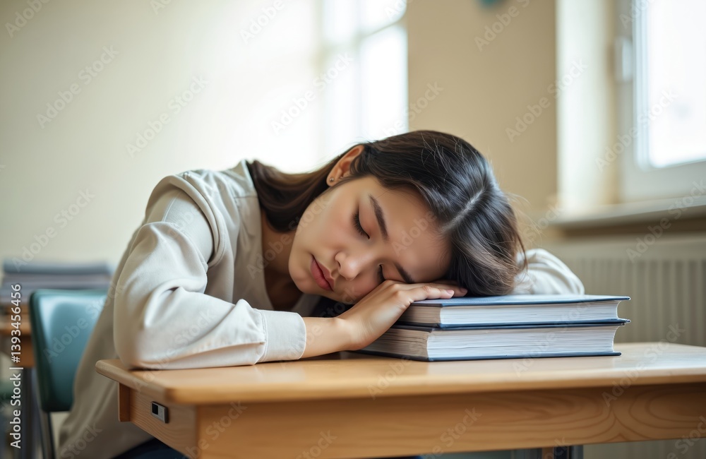 Exhausted female student asleep, face resting hands on books at school desk. Young woman feels tired after hard studying. Education learning concept. University college classroom, exam preparation.